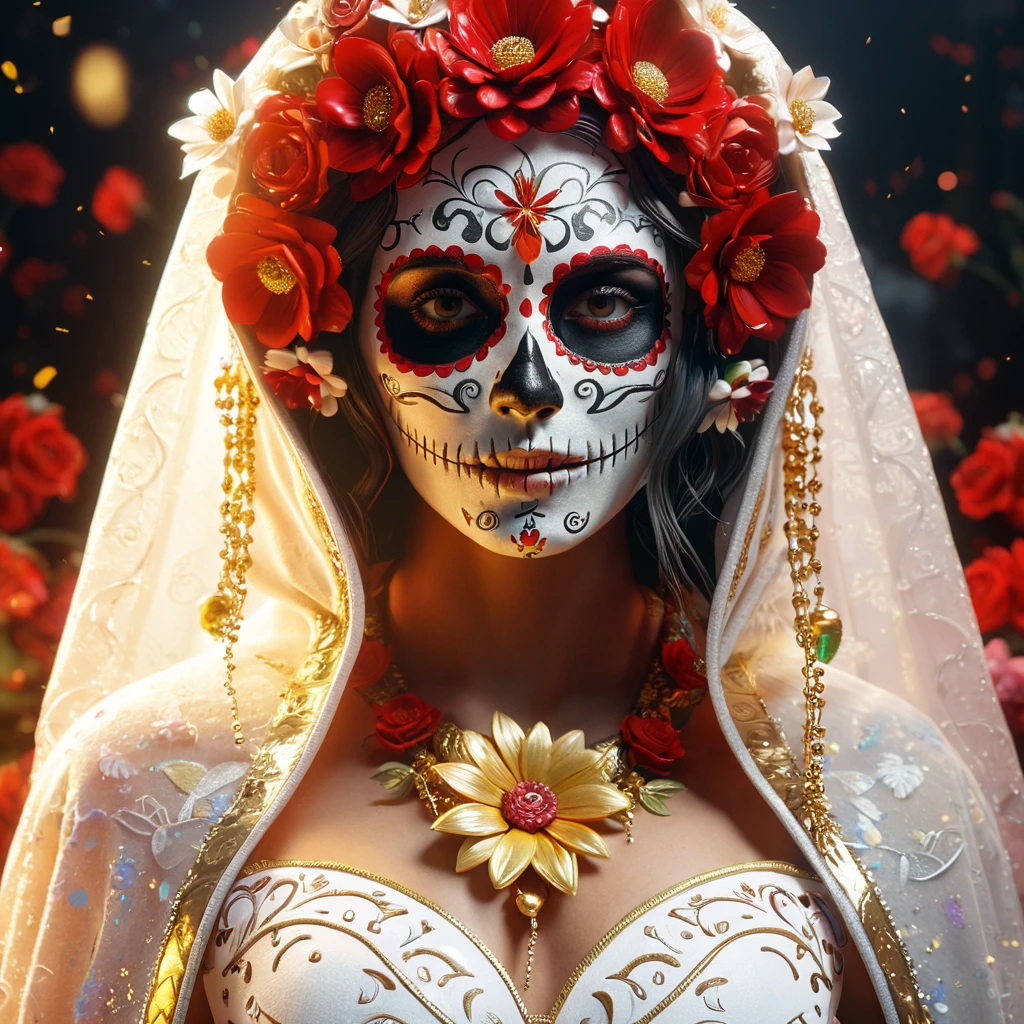 (best quality, masterpiece:1.4), ultra-detailed CG, 8k, high detailed, bloom, light particles, straight-on,, woman dressed sugar skull costume flowers, amazing octane render, thick dust red tones, wearing golden halo, saint woman, white skeleton face, wearing dark hood, hyperrealistic concept art, flower,