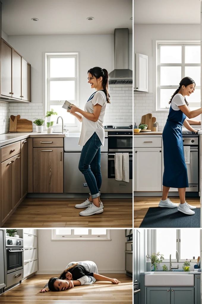 Two images side by side.
Before: A kitchen with a cold, hard floor, a woman with a tired face, perhaps slipping slightly.
after: the same kitchen, now with the non-slip mat, The woman smiling, enjoying cooking with comfort and safety. Includes a touch of warmth and visual comfort.