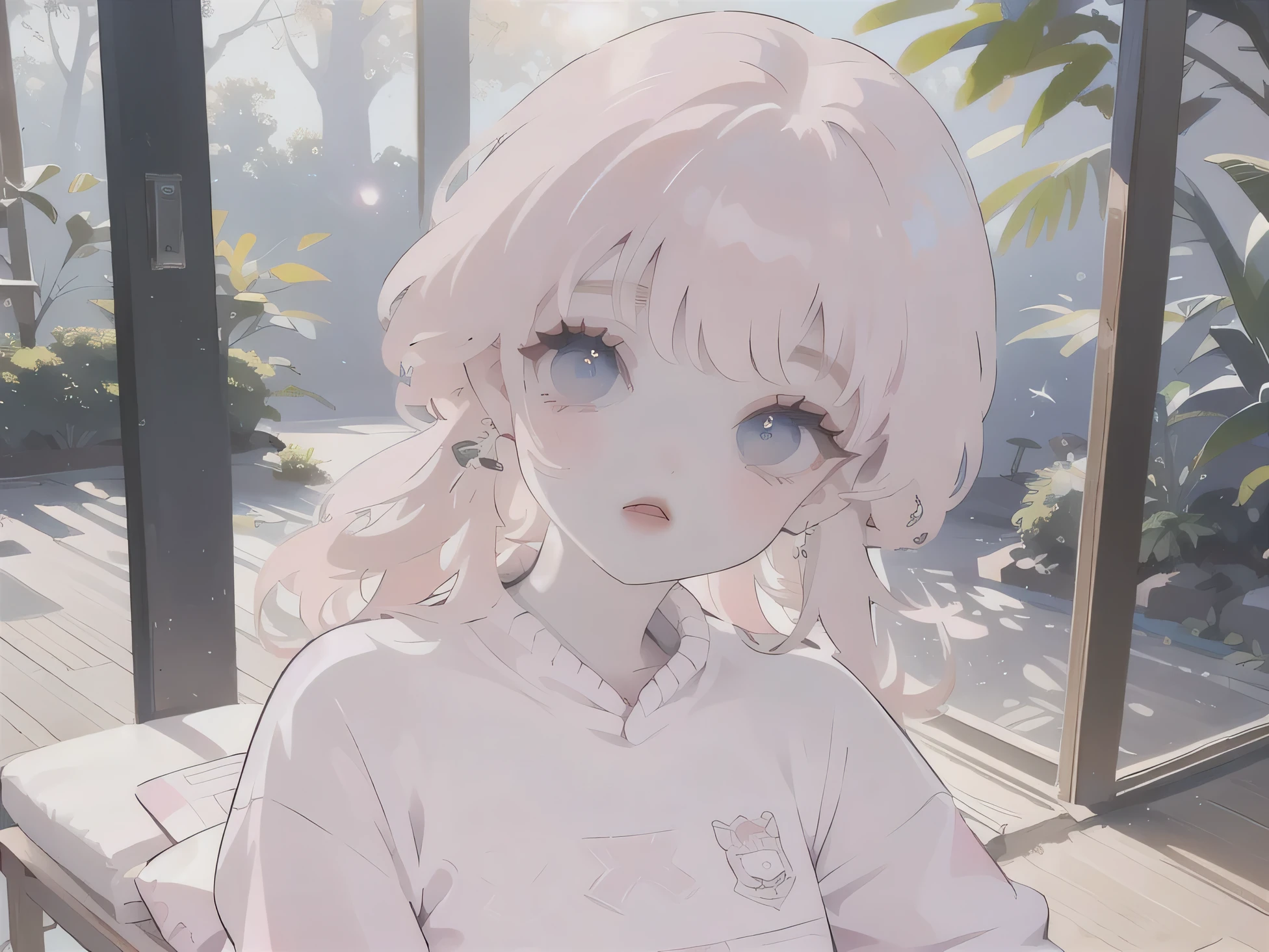 (high quality) (best quality) (a woman) (correct physiognomy) (perfect students) (perfect eyes) anime woman, deep pink long and fluffy hair pink, two rabbit ears coming out of her head, blue eyes, lips sensitive, feminine appearance, soft facial features, thin eyebrows, soft skin, rosy cheeks, pink lips, silky eyelashes, dreamy expression, middle age, youthful clothing, print sweatshirt, photo illuminated by sunlight, Woman sitting on forest.
