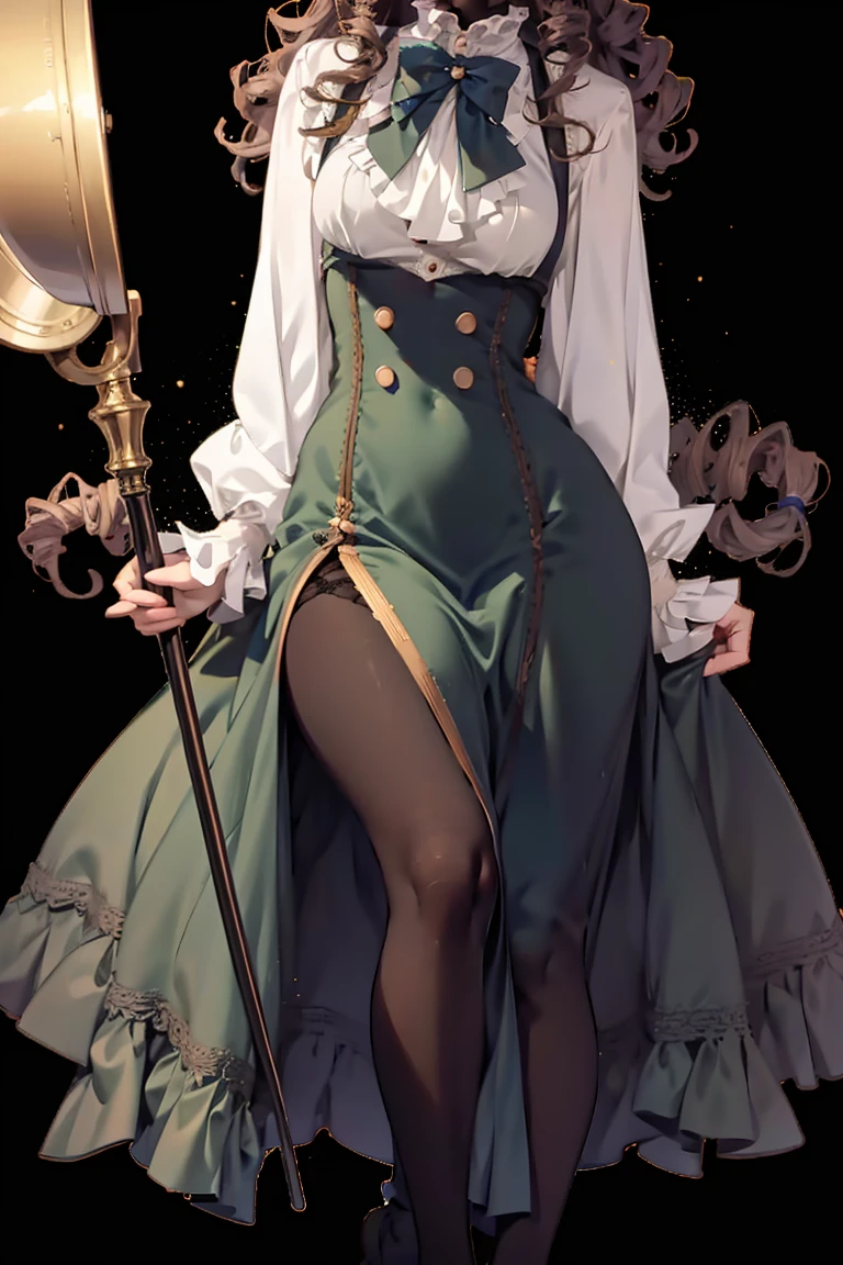 masterpiece, absurdres, 1girl, cowboyshot, tachi-e, mature woman, best aesthetics, medium breasts, wide hips, thick thighs, dark hair, narrow eyes, dark skin, ankle-length dress, arched nose, soft shading, very detailed face, clean lines, dynamic pose, anatomically correct, hyperdetailed, beautiful lighting, dark atmosphere, dark eyeshadow, good makeup, detailed hair, green eyes, sparkling eyes, telescope, magic, fantasy, medieval, high fantasy, black stockings, comfy, cozy, tareme, medium chest, SFW, long dress, arms behind back, outdoors, constellations in sky, stargazing, extremely curly hair, BC shape hair strand, closed wavy hair, kinky hair, african, adult woman, hourglass figure, brown corset, blue dress, celestial