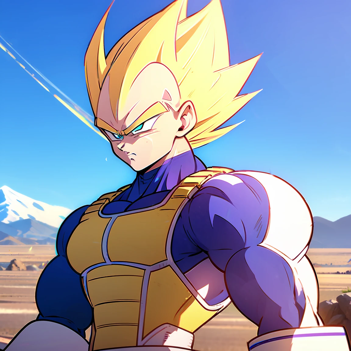 1boy, vegetass2, bodysuit, blue bodysuit, looking at viewer, blonde hair, gloves, green eyes, male focus, white gloves, armor, muscular, spiked hair, saiyan armor, from Dragon Ball Z, straddle stance, (huge muscles:1.5), yellow aura, electricity, Dragon Ball Z artstyle, in the style of Akira Toriyama, white tiled floor, outdoors, flat-top mountains, Extreme Wide shot, Low Angle Shot, masterpiece, best quality, very aesthetic, absurdres,