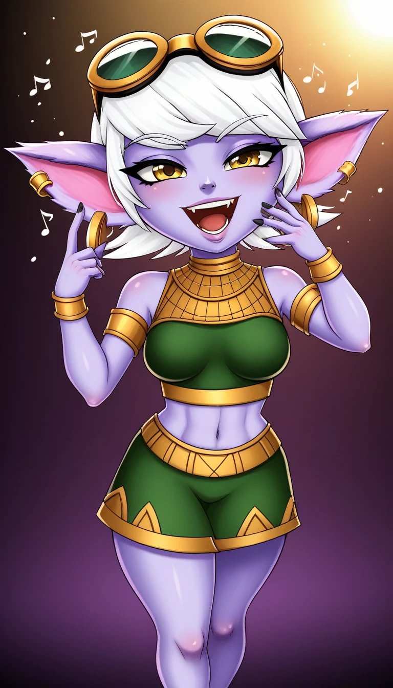 TristanaLoLXL, yordle, yellow eyes, pointy ears, by white, short hair, earrings, glasses on head, purple skin, colored skin. medium breasts, green crop top, only cleopatra clothes, White hair, singing