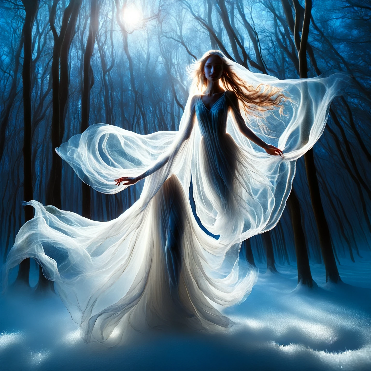 ral-mythcr, a Moonlit Nymph, a graceful figure that glows with the soft luminescence of moonlight. Beautiful enchanting eyes. She dances through the night, her movements ethereal and flowing, as she spreads a calming light through a darkened, enchanted snow covered forest, tranzp,GhostlyStyle,