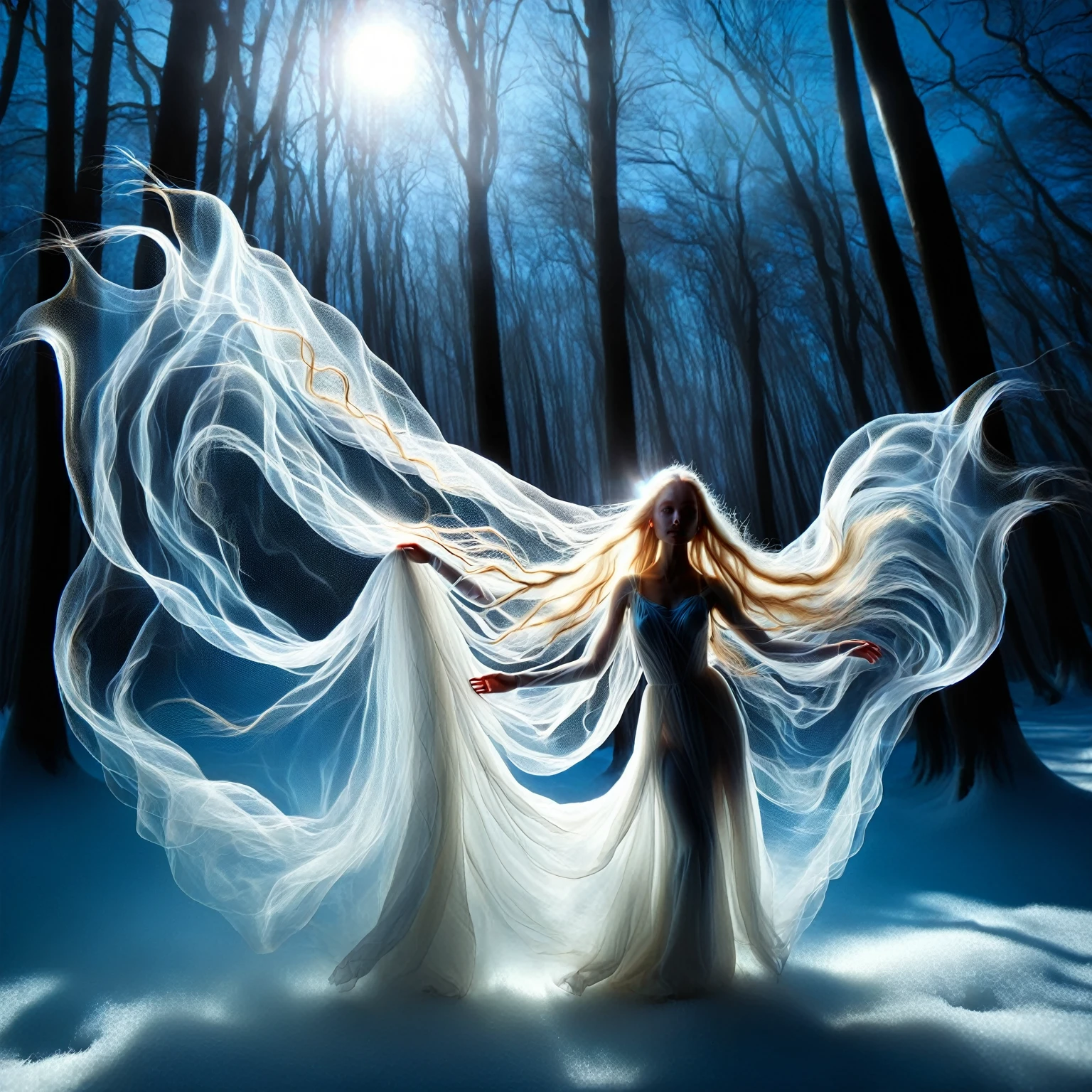 ral-mythcr, a Moonlit Nymph, a graceful figure that glows with the soft luminescence of moonlight. Beautiful enchanting eyes. She dances through the night, her movements ethereal and flowing, as she spreads a calming light through a darkened, enchanted snow covered forest, tranzp,GhostlyStyle,