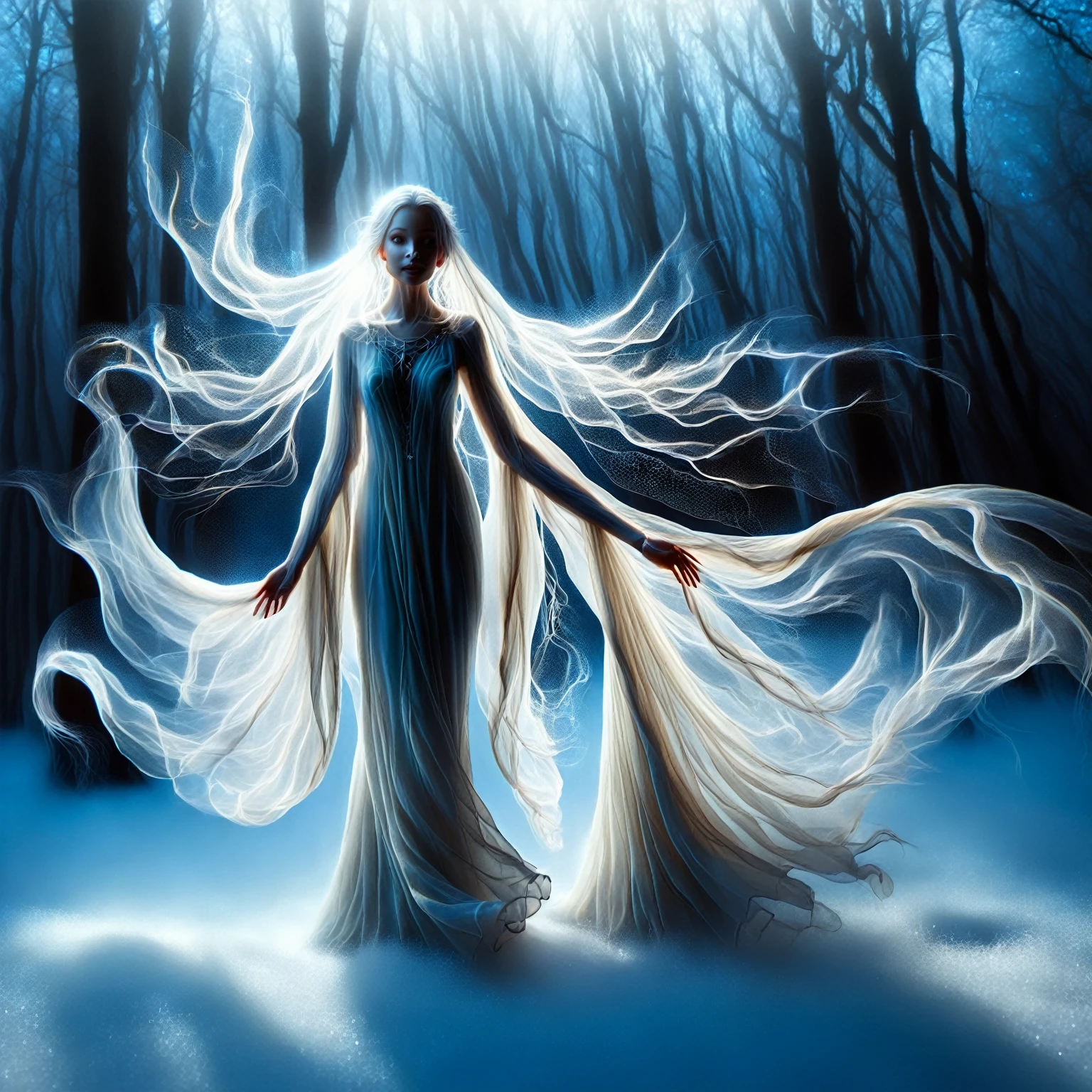 ral-mythcr, a Moonlit Nymph, a graceful figure that glows with the soft luminescence of moonlight. Beautiful enchanting eyes. She dances through the night, her movements ethereal and flowing, as she spreads a calming light through a darkened, enchanted snow covered forest, tranzp,GhostlyStyle,