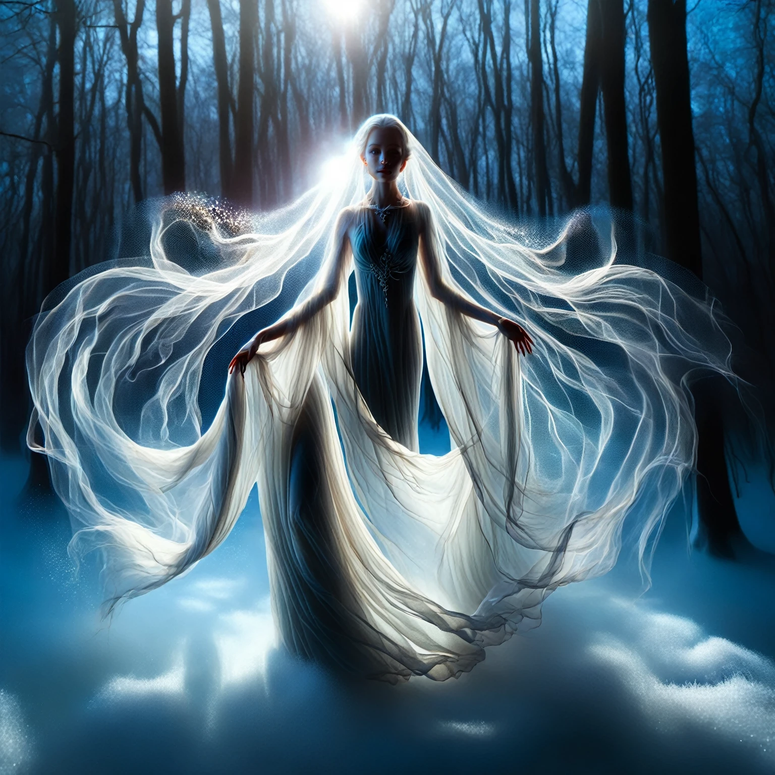 ral-mythcr, a Moonlit Nymph, a graceful figure that glows with the soft luminescence of moonlight. Beautiful enchanting eyes. She dances through the night, her movements ethereal and flowing, as she spreads a calming light through a darkened, enchanted snow covered forest, tranzp,GhostlyStyle,