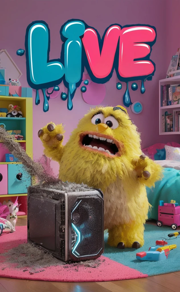 Araffe in a room with a TV and a toy, live action tv show , toy commercial photo, live, tv show , live action movie, super realistic gritty, promotional artwork, live action film, live - action, live-action, like a clay character, live action, personagem de stop motion, promotional rendering, promo image