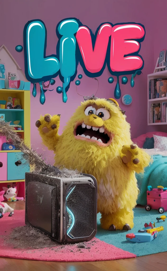 Araffe in a room with a TV and a toy, live action tv show , toy commercial photo, live, tv show , live action movie, super realistic gritty, promotional artwork, live action film, live - action, live-action, like a clay character, live action, personagem de stop motion, promotional rendering, promo image
