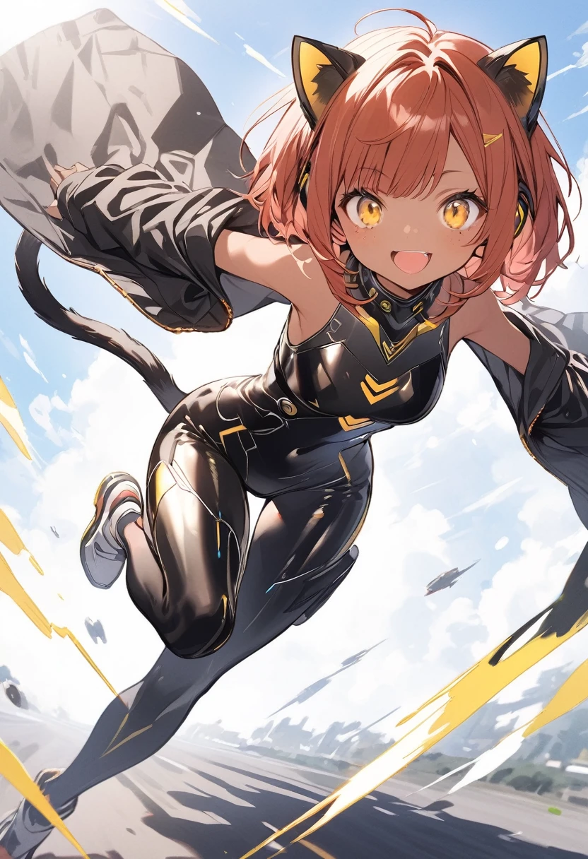 full body,1 woman, 20 years old (cute:1.3),short red Hair, left eye blue, right eye yellow, tan skin, freckles,｛White breastplate, Black futuristic cat ear headphones, Mechanical black glossy metallic Bodysuit, Bare shoulders, oversized jacket, futuristic cat tail, Glossy, shiny material, sprinting across the frame
