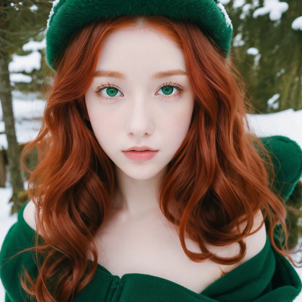 Pale redhead teen girl,curly hair with large, defined curls, Natural red hair, soft and silky medium hair, big, intimidating green eyes, taking photo in the snow with his Soviet ushanka and holding his black cat 