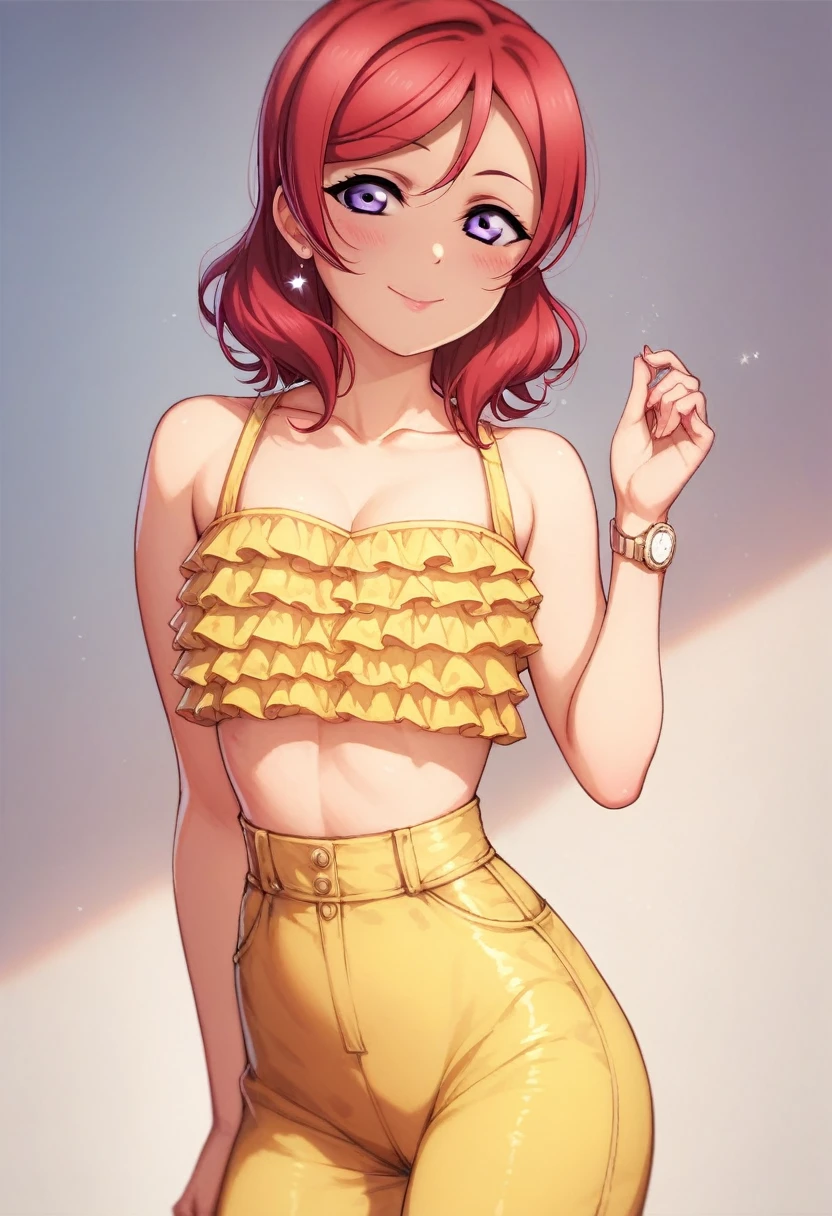 Maki nishikino,love live,highres,red hair ,dolo, purple eyes,blush ,collarbone , yellow latex crop top with see through frills,high waist pants,hand watch, fashion , (smile:0.6),(lipstick:0.7)