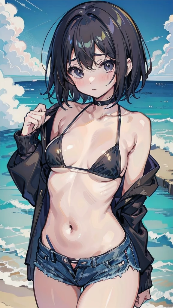 Shy woman blushing、She wears a black bikini with a black ribbon over her breast.、She is wearing a see-through cardigan、She is wearing navy blue denim hot pants、This is a beach on a southern island.、She has brown, short lob hair.、She has small breasts、Her breasts are slightly fuller、Her breasts are a B cup、Her breasts are slightly swollen