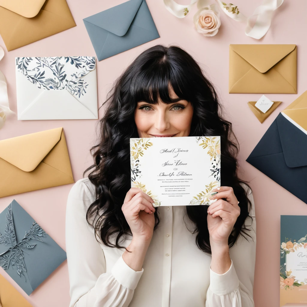 A white woman with long, black, wavy hair and short bangs. She creates custom invitations and stationery for weddings. She offers this service to couples who want a personalized wedding. She is holding and showing different models of invitations, envelopes and wedding related things.