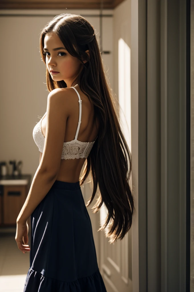 The girl's hair is rose gold; soft pink waves, with pale gold highlights, a thin neck and a delicate appearance, impressive and very beautiful.
