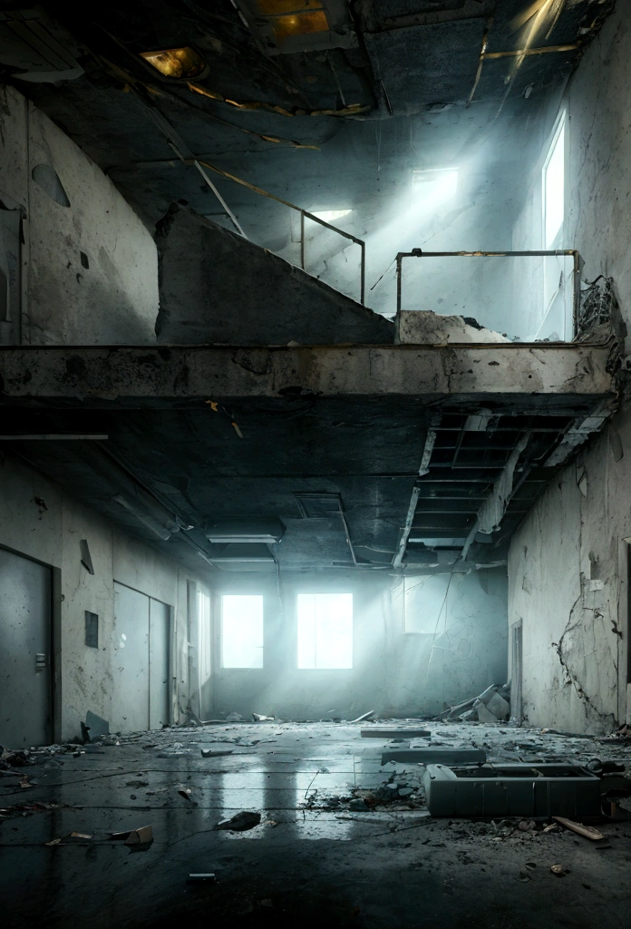 masterpiece, best quality, (abandoned futuristic house), (suspense environment), cement stairs, worn walls, cracks, cables, abandoned boxes, garbage and papers on the floor, pipes, bulbs (volumetric yellow light), window with broken glass, Window in the center, Night time, Window in center of frame, (dense fog), volumetric lighting, dust in the environment, wet floor, light reflections on the floor, very dark night
