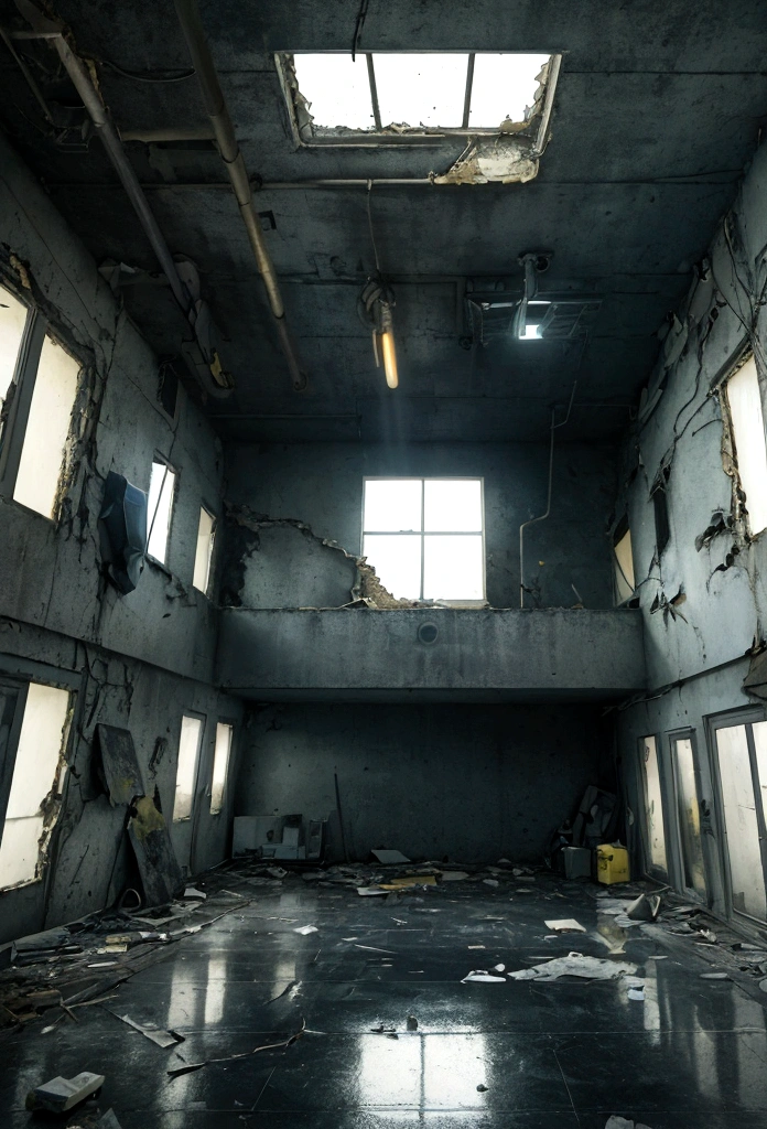 masterpiece, best quality, (abandoned futuristic house), (suspense environment), cement stairs, worn walls, cracks, cables, abandoned boxes, garbage and papers on the floor, pipes, bulbs (volumetric yellow light), window with broken glass, Window in the center, Night time, Window in center of frame, (dense fog), volumetric lighting, dust in the environment, wet floor, light reflections on the floor, very dark night