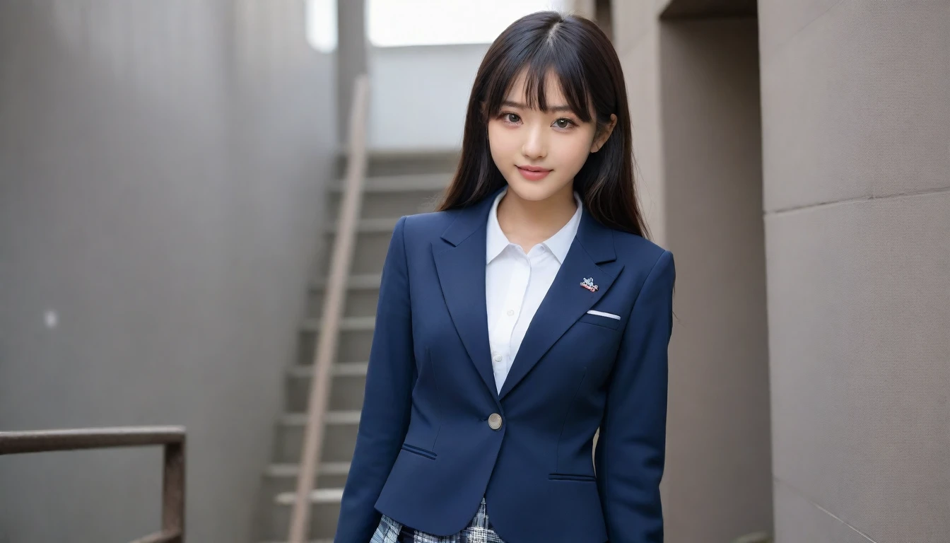 8K, Ultra-high resolution, Highest quality, masterpiece, 三分割法によるphotograph,Surreal, photograph, 1 Girl, (16 years old:1.3), pretty girl, Cute face, Beautiful eyes in every detail, 細かくdetailedに,masterpiece,, One Girl:1.2, Japan Female Announcer、Cowboy Shot,((very small head:1.3)),Center-parted bangs,amount,Black Hair,Long Hair,Iris,Gorgeous eyes,smile,((Toned body,Slender body,skinny)),(school uniform、Dark blue blazer jacket、Navy blue tie、Grey plaid pleated mini skirt),Glowing Skin,Shiny skin,Climbing the stairs,Fire escape in a building,Full of sex appeal,Sensual,屈託のないsmile,Heal the heart,Low - Angle、beauty,Long neck、Laugh a little、Please close your mouth and laugh、(((Ideal body type))),A cup small breasts :2,、Portraiture:2、Perfect ???????、鮮明なdetailed、detailed、Surreal、Light and shadow,Strong light