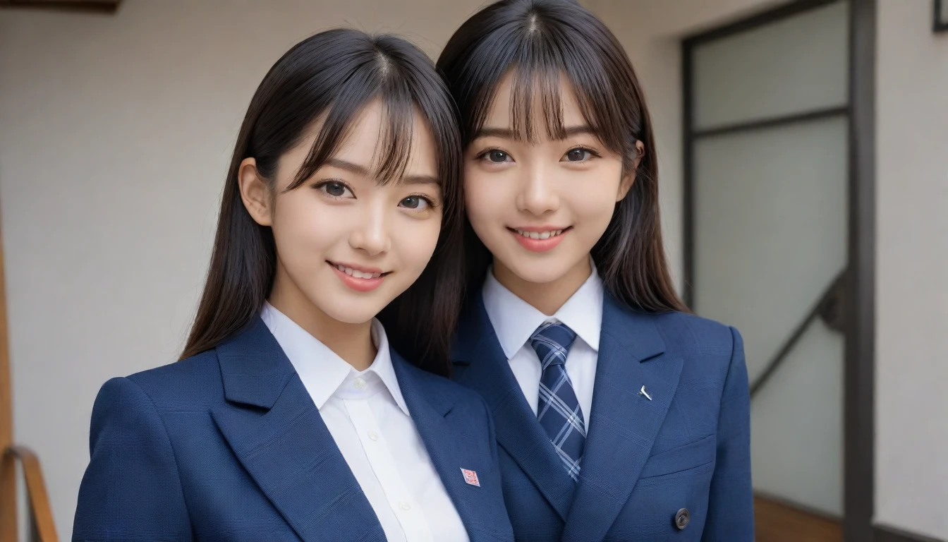 8K, Ultra-high resolution, Highest quality, masterpiece, 三分割法によるphotograph,Surreal, photograph, 1 Girl, (16 years old:1.3), pretty girl, Cute face, Beautiful eyes in every detail, 細かくdetailedに,masterpiece,, One Girl:1.2, Japan Female Announcer、Cowboy Shot,((very small head:1.3)),Center-parted bangs,amount,Black Hair,Long Hair,Iris,Gorgeous eyes,smile,((Toned body,Slender body,skinny)),(school uniform、Dark blue blazer jacket、Navy blue tie、Grey plaid pleated mini skirt),Glowing Skin,Shiny skin,Climbing the stairs,Fire escape in a building,Full of sex appeal,Sensual,屈託のないsmile,Heal the heart,Low - Angle、beauty,Long neck、Laugh a little、Please close your mouth and laugh、(((Ideal body type))),A cup small breasts :2,、Portraiture:2、Perfect Anatomy、鮮明なdetailed、detailed、Surreal、Light and shadow,Strong light