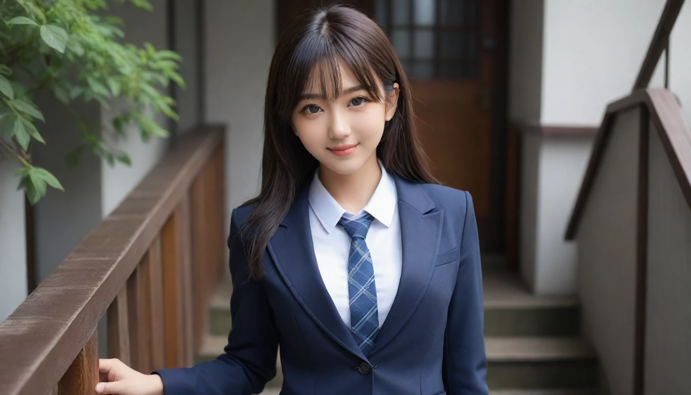 8K, Ultra-high resolution, Highest quality, masterpiece, 三分割法によるphotograph,Surreal, photograph, 1 Girl, (:1.3), pretty girl, Cute face, Beautiful eyes in every detail, 細かくdetailedに,masterpiece,, One Girl:1.2, Japan Female Announcer、Cowboy Shot,((very small head:1.3)),Center-parted bangs,amount,Black Hair,Long Hair,Iris,Gorgeous eyes,smile,((Toned body,Slender body,skinny)),(school uniform、Dark blue blazer jacket、Navy blue tie、Grey plaid pleated mini skirt),Glowing Skin,Shiny skin,Climbing the stairs,Fire escape in a building,Full of sex appeal,Sensual,屈託のないsmile,Heal the heart,Low - Angle、beauty,Long neck、Laugh a little、Please close your mouth and laugh、(((Ideal body type))),A cup small breasts :2,、Portraiture:2、Perfect Anatomy、鮮明なdetailed、detailed、Surreal、Light and shadow,Strong light