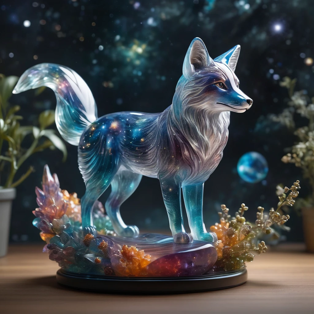 Realistic photo of a fox moving around (intricate transparent glass interstellar nebula fox statue made of galaxies, Plants and animals, Ultra-realistic, Super detailed, elegant, beautiful, 1 tail)), Photos were taken with a Canon EOS R5 and a Canon RF 100-500mmf。/4.5-7.1L IS USM lens, super high quality, Ultra high definition ,Stained glass, Space nebula texture glass, Colored glass pieces, Product Scene, 半transparent, transparent,