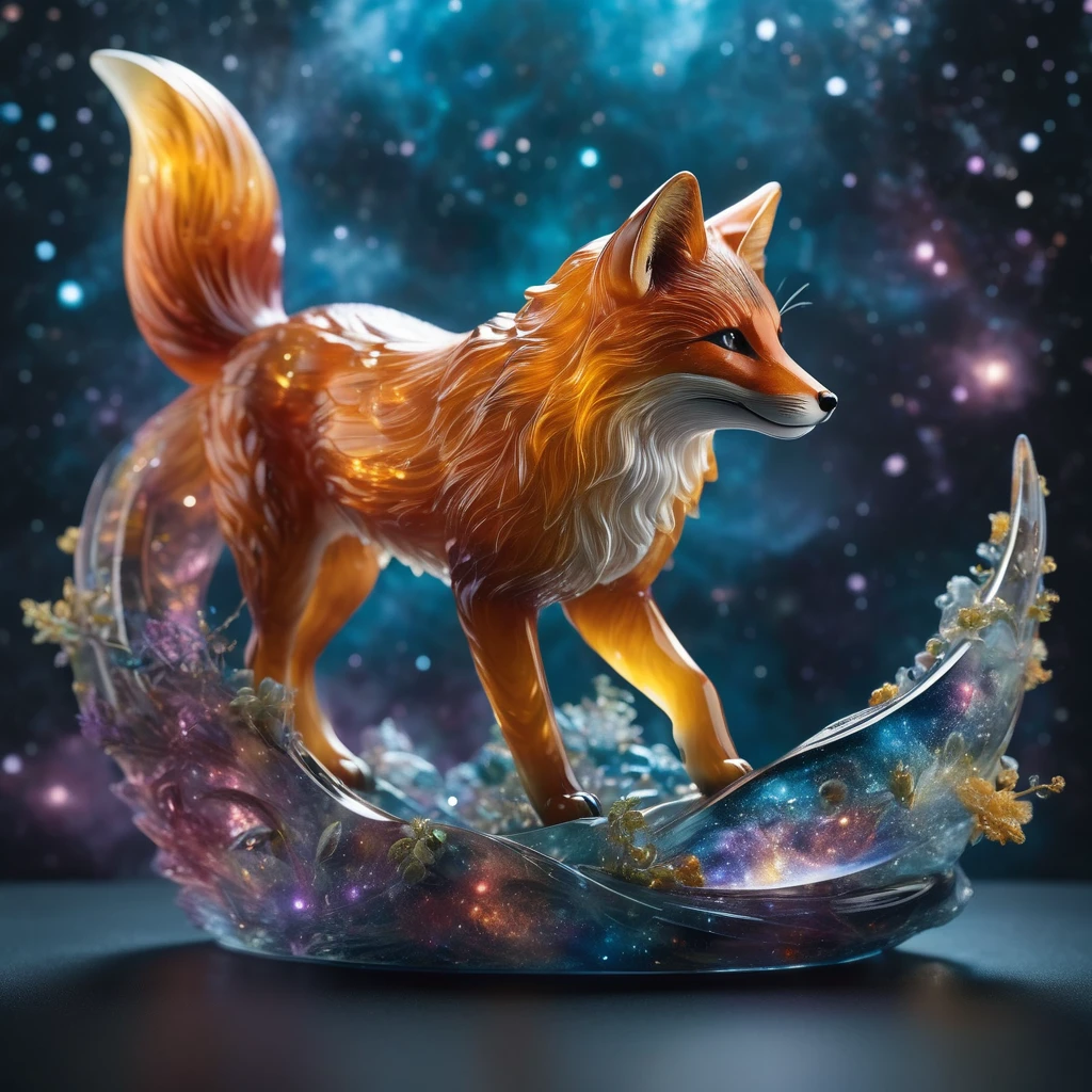 Realistic photo of a fox moving around (intricate transparent glass interstellar nebula fox statue made of galaxies, Plants and animals, Ultra-realistic, Super detailed, elegant, beautiful, 1 tail)), Photos were taken with a Canon EOS R5 and a Canon RF 100-500mmf。/4.5-7.1L IS USM lens, super high quality, Ultra high definition ,Stained glass, Space nebula texture glass, Colored glass pieces, Product Scene, 半transparent, transparent,