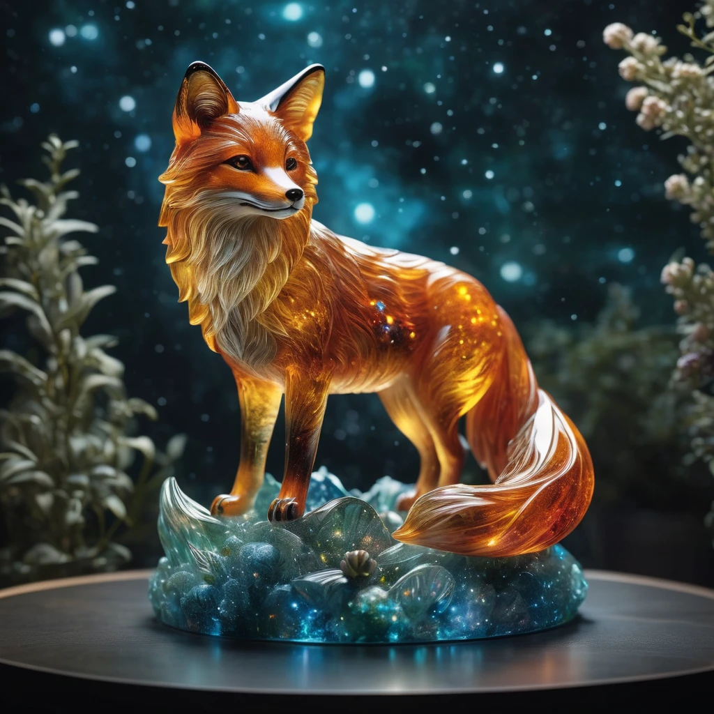 Realistic photo of a fox moving around (intricate transparent glass interstellar nebula fox statue made of galaxies, Plants and animals, Ultra-realistic, Super detailed, elegant, beautiful, 1 tail)), Photos were taken with a Canon EOS R5 and a Canon RF 100-500mmf。/4.5-7.1L IS USM lens, super high quality, Ultra high definition ,Stained glass, Space nebula texture glass, Colored glass pieces, Product Scene, 半transparent, transparent,