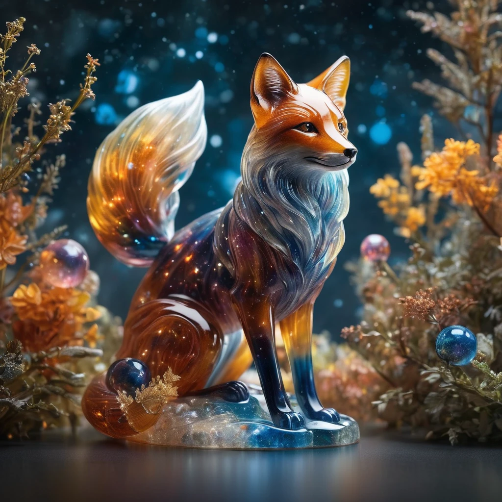 Realistic photo of a fox moving around (intricate transparent glass interstellar nebula fox statue made of galaxies, Plants and animals, Ultra-realistic, Super detailed, elegant, beautiful, 1 tail)), Photos were taken with a Canon EOS R5 and a Canon RF 100-500mmf。/4.5-7.1L IS USM lens, super high quality, Ultra high definition ,Stained glass, Space nebula texture glass, Colored glass pieces, Product Scene, 半transparent, transparent,