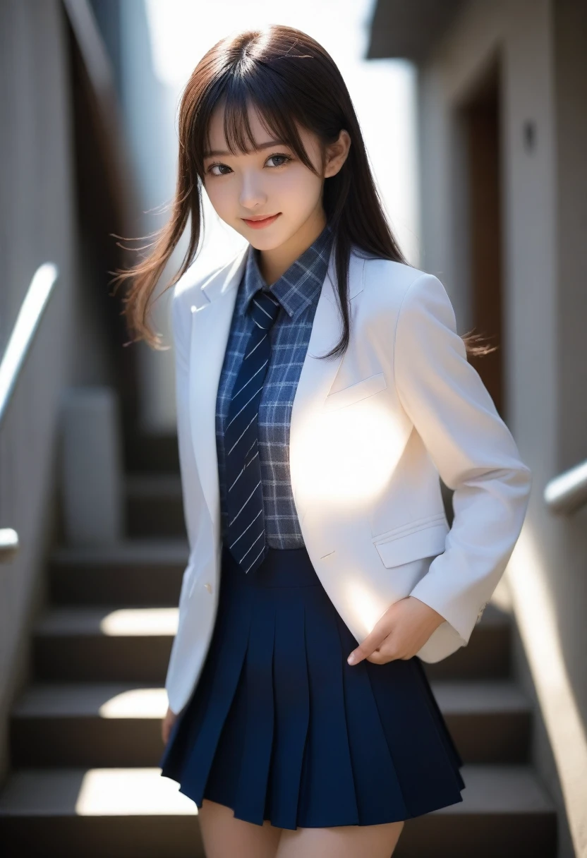8K, Ultra-high resolution, Highest quality, masterpiece, 三分割法によるphotograph,Surreal, photograph, 1 Girl, (16 years old:1.3), pretty girl, Cute face, Beautiful eyes in every detail, 細かくdetailedに,masterpiece,, One Girl:1.2, Japan Female Announcer、Cowboy Shot,((very small head:1.3)),Center-parted bangs,amount,Black Hair,Long Hair,Iris,Gorgeous eyes,smile,((Toned body,Slender body,skinny)),(school uniform、Dark blue blazer jacket、Navy blue tie、Grey plaid pleated mini skirt),Glowing Skin,Shiny skin,Climbing the stairs,Fire escape in a building,Full of sex appeal,Sensual,屈託のないsmile,Heal the heart,Low - Angle、beauty,Long neck、Laugh a little、Please close your mouth and laugh、(((Ideal body type))),A cup small breasts :2,、Portraiture:2、Perfect Anatomy、鮮明なdetailed、detailed、Surreal、Light and shadow,Strong light