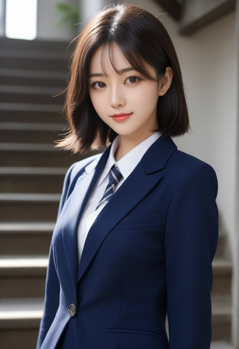 8K, Ultra-high resolution, Highest quality, masterpiece, 三分割法によるphotograph,Surreal, photograph, 1 Girl, (:1.3), pretty girl, Cute face, Beautiful eyes in every detail, 細かくdetailedに,masterpiece,, One Girl:1.2, Japan Female Announcer、Cowboy Shot,((very small head:1.3)),Center-parted bangs,amount,Black Hair,Long Hair,Iris,Gorgeous eyes,smile,((Toned body,Slender body,skinny)),(school uniform、Dark blue blazer jacket、Navy blue tie、Grey plaid pleated mini skirt),Glowing Skin,Shiny skin,Climbing the stairs,Fire escape in a building,Full of sex appeal,Sensual,屈託のないsmile,Heal the heart,Low - Angle、beauty,Long neck、Laugh a little、Please close your mouth and laugh、(((Ideal body type))),A cup small breasts :2,、Portraiture:2、Perfect Anatomy、鮮明なdetailed、detailed、Surreal、Light and shadow,Strong light