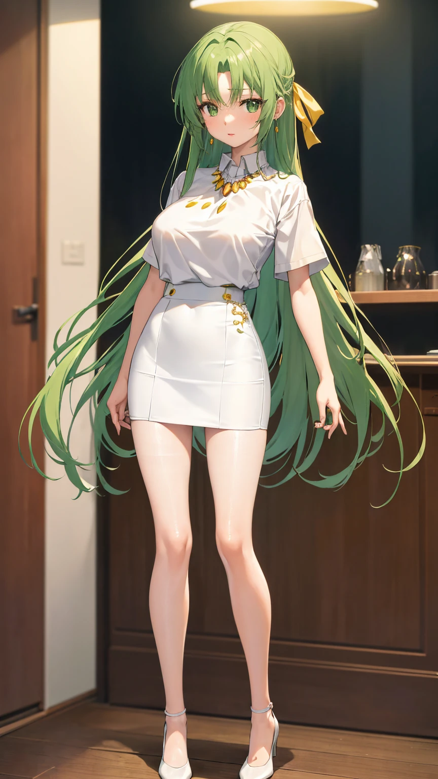 masterpiece, best quality, ultra-high-detailed,Sonozaki Shion, green hair, green eyes, long hair, yellow ribbon, White Necklace, Earrings, White Shirt, White Pencil Skirt, White Indigo Pantyhose, Heel Shoes, ((Full-body Shot))