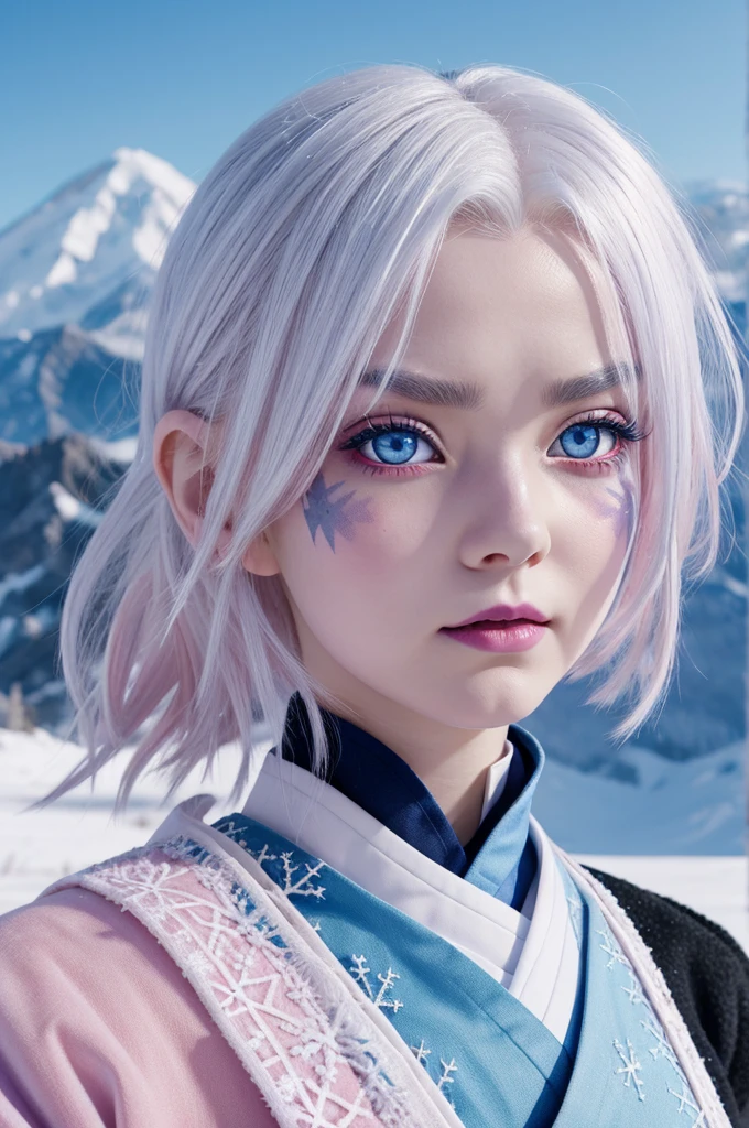 Kimetsu no Yaiba, white hair girl, blue eyes, pale skin, eye scar,blush, light pink lipstick,red eye makeup, strong blue uniform, strong and light blue aori with snowflakes, frozen mountain landscape, happy 