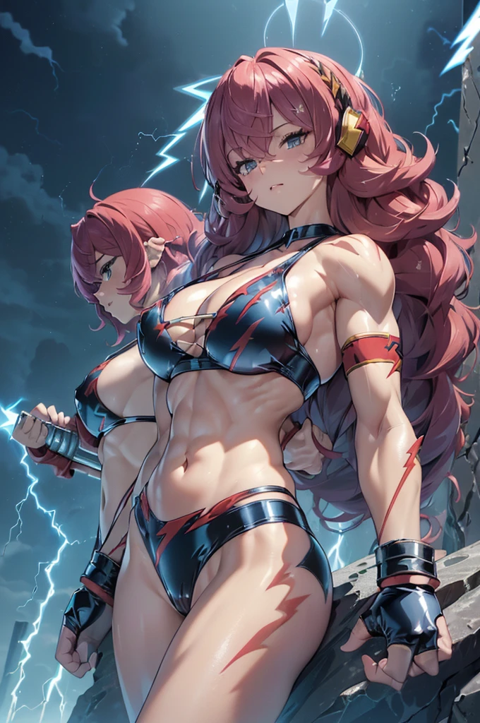 berserk mature woman, woman with ((((huge muscles)))), abs, rags, loincloth, snow mountain, winter, braids, ragged, tribal bodypaint, snowdrift,((1 lady))、masterpiece, ultra-detailliert, 8k, hiquality, Top image quality,((((thunder around her arms,lightning bolt around her arms,thunder power,thunder crowing,lightning powers,)))), digitial illustration, Seductive Anime Girl, ((Combative posing:1.4)), ((heavy weapons:1.4, armament:1.3))、((dynamism:1.3))、((dynamic angle:1.2))、((Hover effect:1.4)), Glossy realistic skin texture、shiny skin、seductive smile、Meticulously drawn hair, Meticulously drawn eye, Being in battle field、appearance Splash paint background in colors, ((latex micro bikini:1.3 crop top:1.3))、((cleavage:1.3))、((crop top navel))、((highleg:1.3))、((huge breasts:1.3))、((huge hip:1.3))、((thick thighs))、curvy、((collarbone))、((cameltoe))、Sharp Focus, Precise human body structure、Smooth texture
