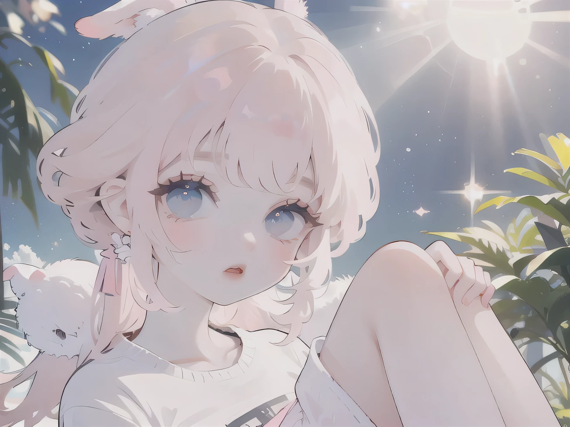 (high quality) (best quality) (a woman) (correct physiognomy) (perfect students) (perfect eyes) anime woman, deep pink long and fluffy hair pink, two rabbit ears coming out of her head, blue eyes, lips sensitive, feminine appearance, soft facial features, thin eyebrows, soft skin, rosy cheeks, pink lips, silky eyelashes, dreamy expression, middle age, youthful clothing, print sweatshirt, photo illuminated by sunlight, Woman sitting on forest.