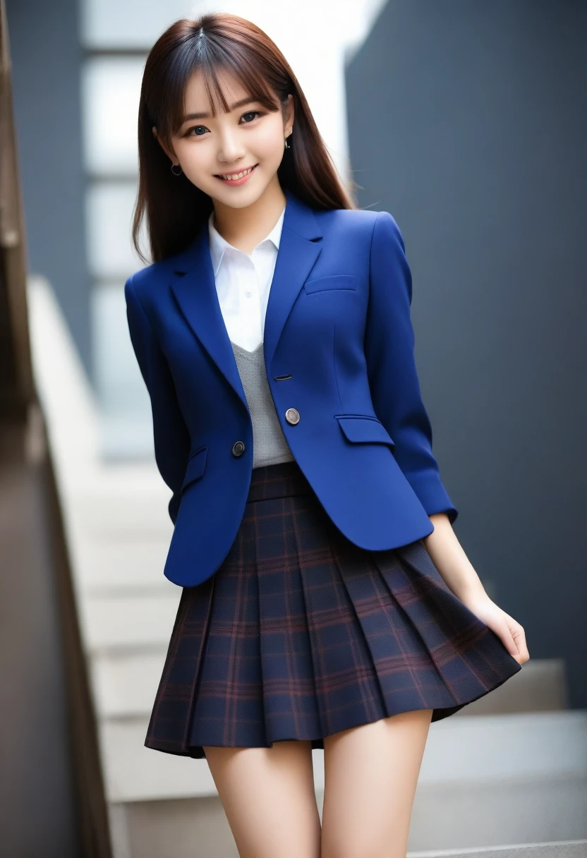 8K, Ultra-high resolution, Highest quality, masterpiece, 三分割法によるphotograph,Surreal, photograph, 1 Girl, (16 years old:1.3), pretty girl, Cute face, Beautiful eyes in every detail, 細かくdetailedに,masterpiece,, One Girl:1.2, Japan Female Announcer、Cowboy Shot,((very small head:1.3)),Center-parted bangs,amount,Black Hair,Long Hair,Iris,Gorgeous eyes,smile,((Toned body,Slender body,skinny)),(school uniform、Dark blue blazer jacket、Navy blue tie、Grey plaid pleated mini skirt),Glowing Skin,Shiny skin,Climbing the stairs,Fire escape in a building,Full of sex appeal,Sensual,屈託のないsmile,Heal the heart,Low - Angle、beauty,Long neck、Laugh a little、Please close your mouth and laugh、(((Ideal body type))),A cup small breasts :2,、Portraiture:2、Perfect Anatomy、鮮明なdetailed、detailed、Surreal、Light and shadow,Strong light