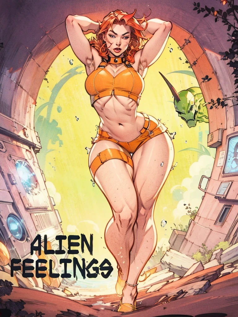 Redhead woman in sensual pose escaping from alien portal