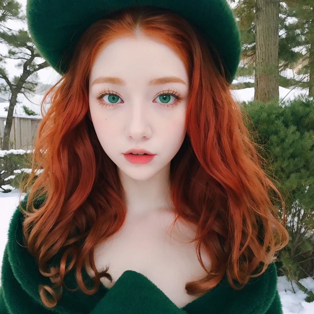 Pale redhead girl,curly hair with large, defined curls, Natural red hair, defined and curly hair 3c, big, intimidating green eyes, taking photo in the snow with his Soviet ushanka and holding his black cat
