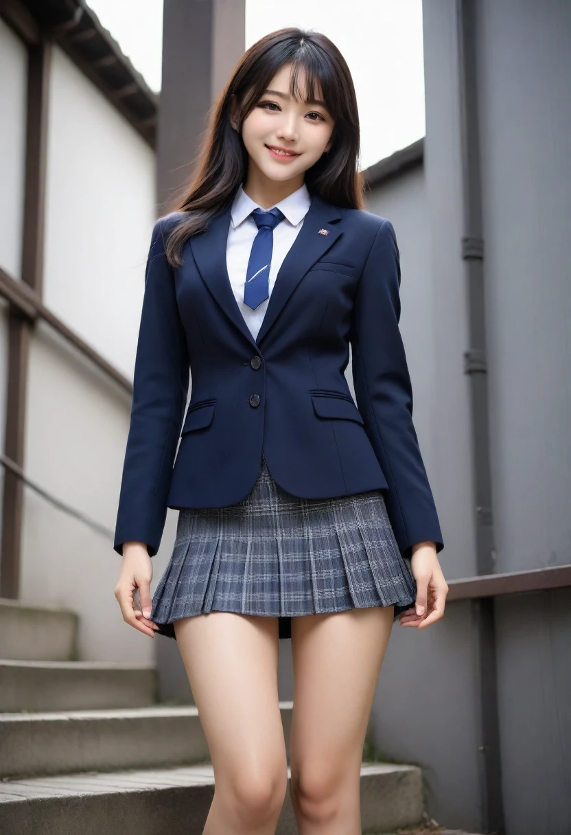 8K, Ultra-high resolution, Highest quality, masterpiece, 三分割法によるphotograph,Surreal, photograph, 1 Girl, (16 years old:1.3), pretty girl, Cute face, Beautiful eyes in every detail, 細かくdetailedに,masterpiece,, One Girl:1.2, Japan Female Announcer、Cowboy Shot,((very small head:1.3)),Center-parted bangs,amount,Black Hair,Long Hair,Iris,Gorgeous eyes,smile,((Toned body,Slender body,skinny)),(school uniform、Dark blue blazer jacket、Navy blue tie、Grey plaid pleated mini skirt),Glowing Skin,Shiny skin,Climbing the stairs,Fire escape in a building,Full of sex appeal,Sensual,屈託のないsmile,Heal the heart,Low - Angle、beauty,Long neck、Laugh a little、Please close your mouth and laugh、(((Ideal body type))),A cup small breasts :2,、Portraiture:2、Perfect Anatomy、鮮明なdetailed、detailed、Surreal、Light and shadow,Strong light