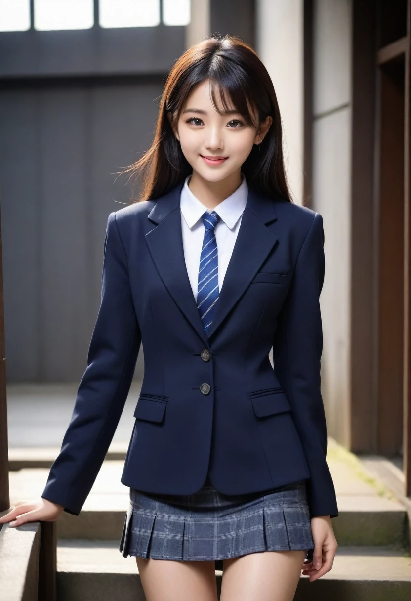 8K, Ultra-high resolution, Highest quality, masterpiece, 三分割法によるphotograph,Surreal, photograph, 1 Girl, (:1.3), pretty girl, Cute face, Beautiful eyes in every detail, 細かくdetailedに,masterpiece,, One Girl:1.2, Japan Female Announcer、Cowboy Shot,((very small head:1.3)),Center-parted bangs,amount,Black Hair,Long Hair,Iris,Gorgeous eyes,smile,((Toned body,Slender body,skinny)),(school uniform、Dark blue blazer jacket、Navy blue tie、Grey plaid pleated mini skirt),Glowing Skin,Shiny skin,Climbing the stairs,Fire escape in a building,Full of sex appeal,Sensual,屈託のないsmile,Heal the heart,Low - Angle、beauty,Long neck、Laugh a little、Please close your mouth and laugh、(((Ideal body type))),A cup small breasts :2,、Portraiture:2、Perfect Anatomy、鮮明なdetailed、detailed、Surreal、Light and shadow,Strong light