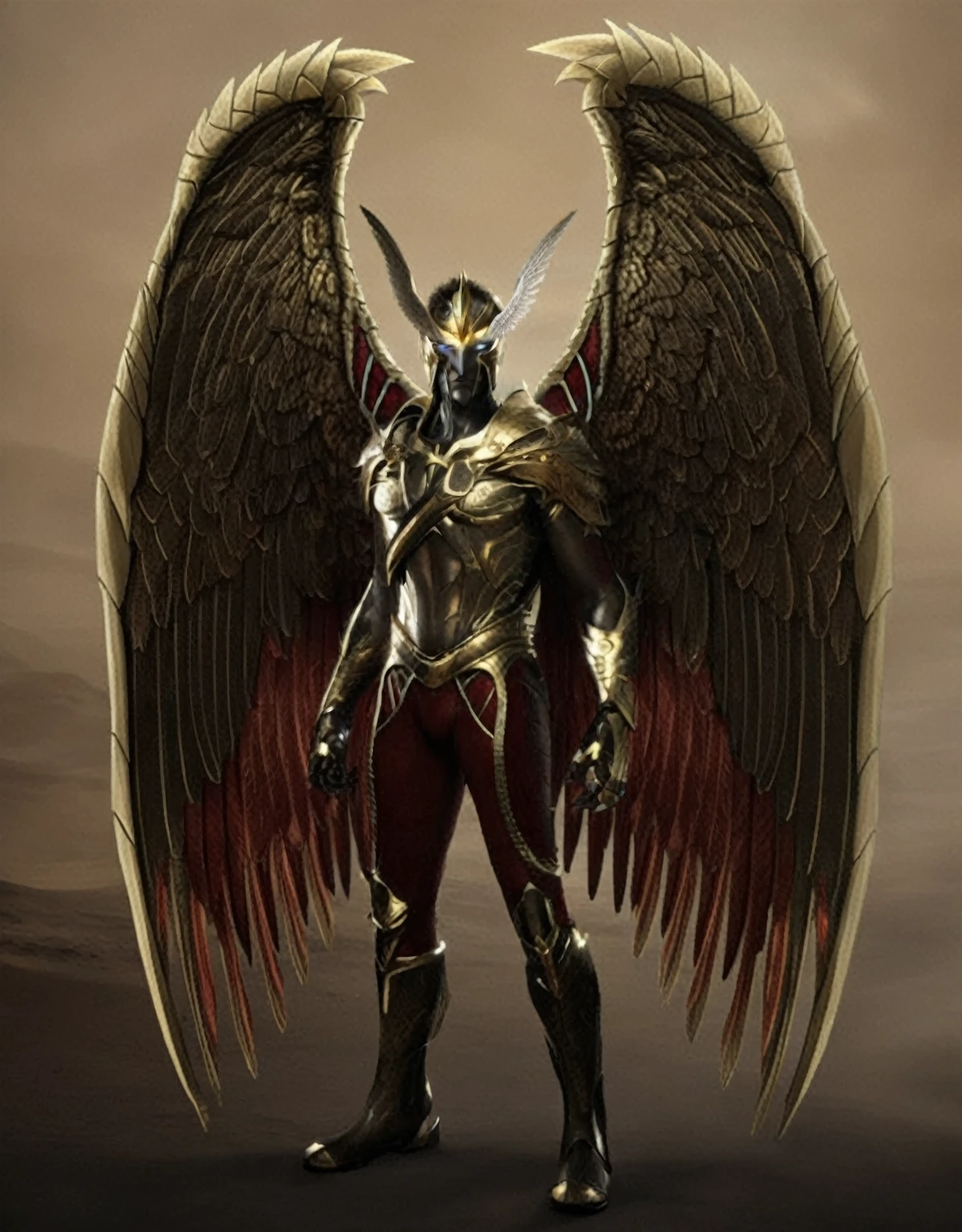 man with wings and sword, Standing in the Desert, winged human, archangel, wearing winged helmet, Angle of armor with wing, render on Unreal Engine in Saint-Saëns, Bird Warrior, Nephilim, Metal wings, Egyptian god of thunder, Cyborg Wing, photo ghost anubis, Lucifer, angel in plastic armor, winged, Egyptian god, angel gold armor