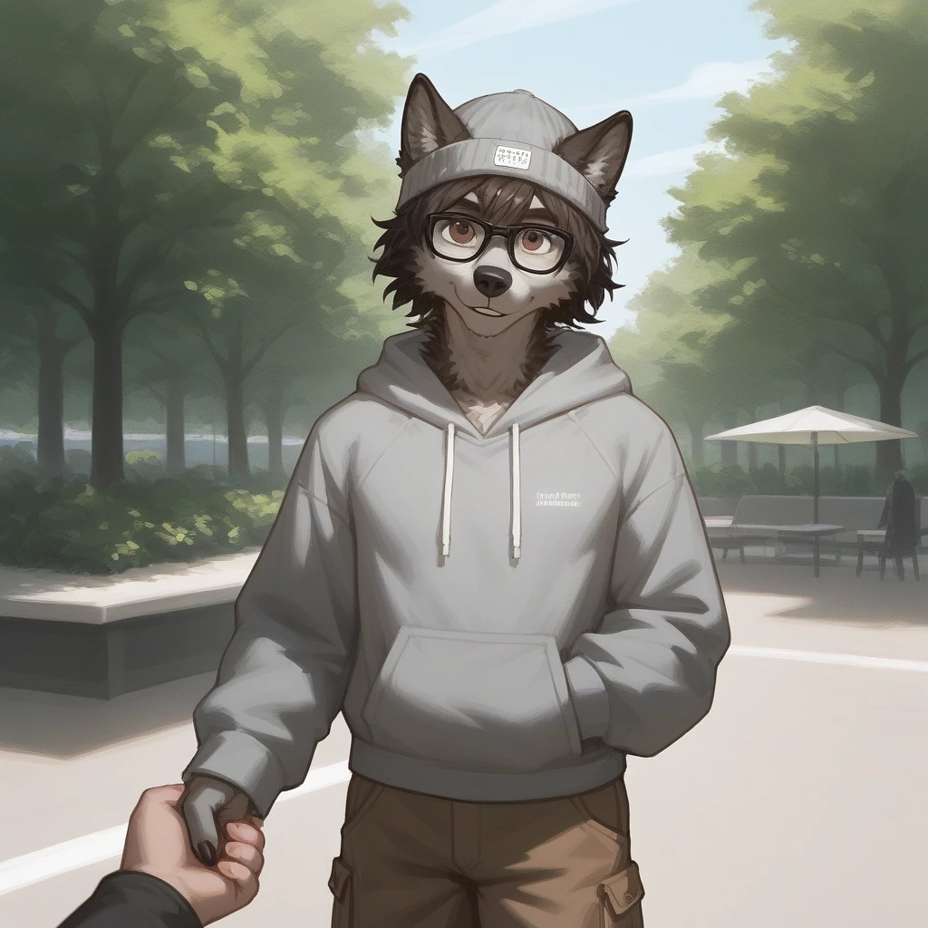 Solo, score_9,score_8_up,score_7_up, source_furry, an Anthro furry brown wolf male, brown eyes, black nose, dad bod, black shaggy hair, wearing grey beanie, black glasses, grey hoodie, brown cargo shorts,  offering viewer a blunt, pov, handing viewer a marijuana blunt,  standing, front view, outdoors, in a park, 