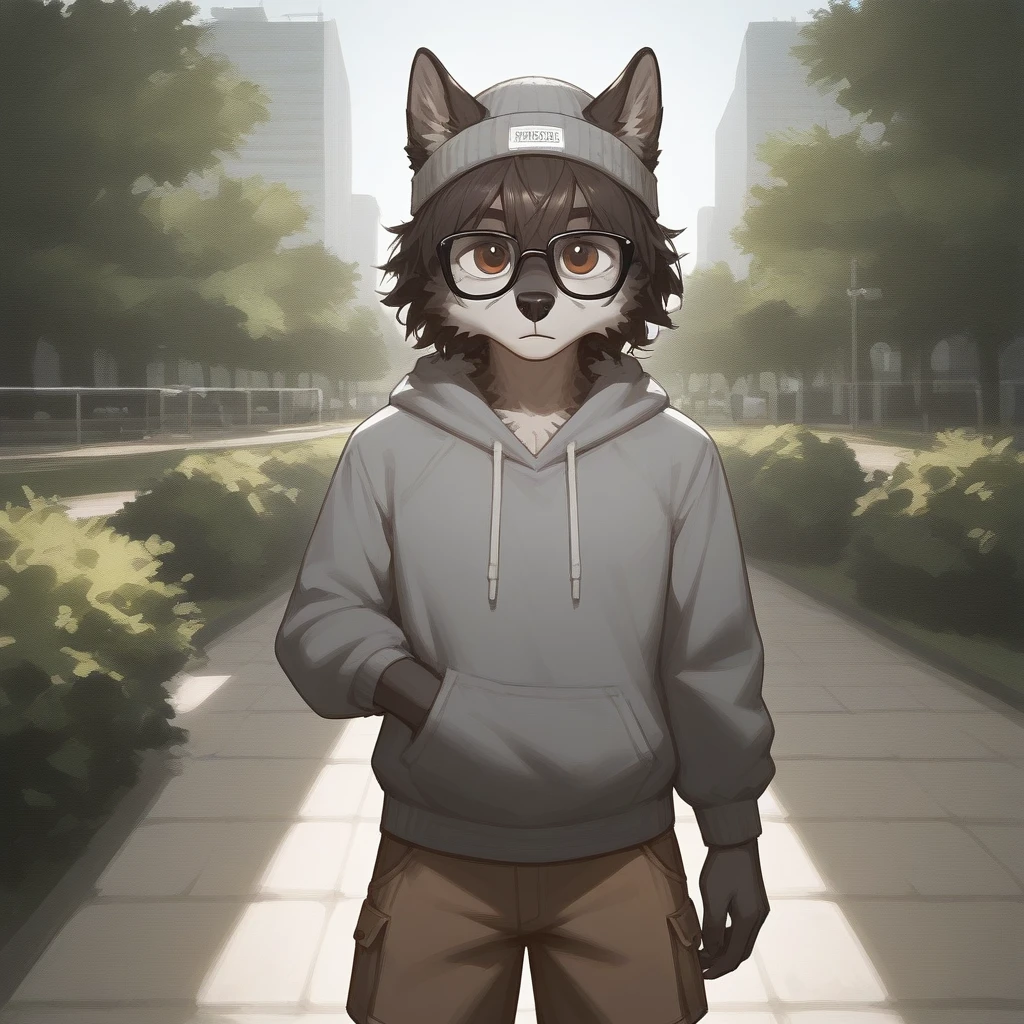 Solo, score_9,score_8_up,score_7_up, source_furry, an Anthro furry brown wolf male, brown eyes, black nose, dad bod, black shaggy hair, wearing grey beanie, black glasses, grey hoodie, brown cargo shorts, offering viewer a blunt, pov, handing viewer a marijuana blunt, standing, front view, outdoors, in a park,