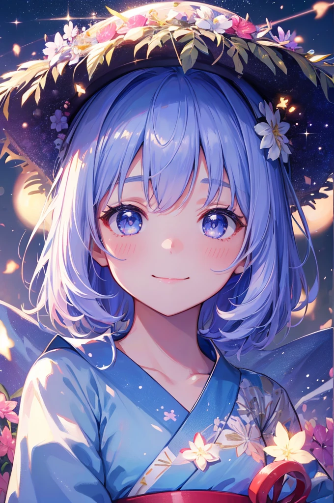 ((Highest quality)), High resolution, 8K, Cinematic Light, High Contrast、Milky Way night view、Close-up of her face and night view、A girl wearing a light blue yukata、Expressions of joy、 cheeks are a little red、smile、
