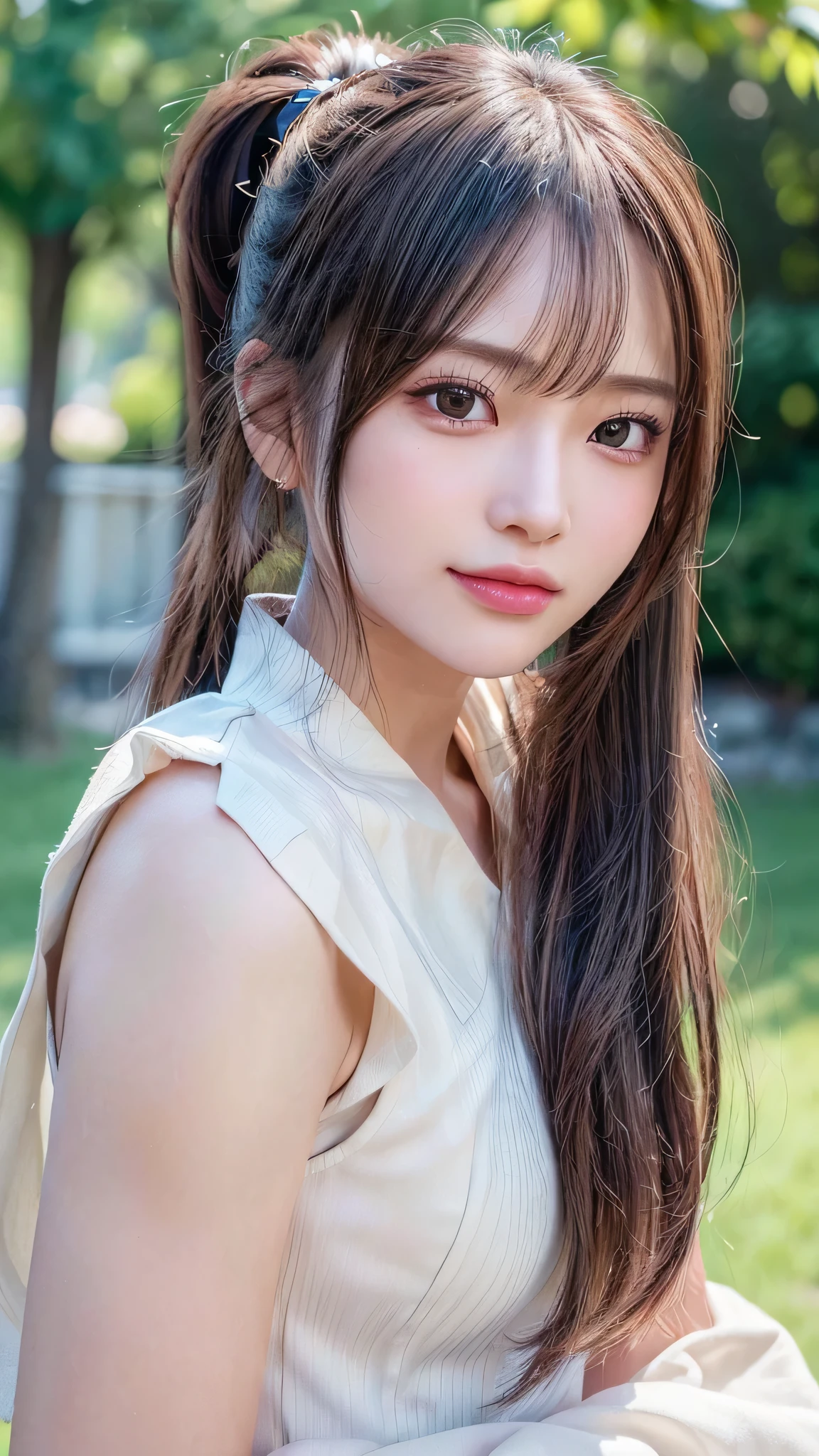One piece with collar,outdoors,Urban Park,On the lawn,Ultra-detailed, finely detail, hight resolution, 8K Wallpaper, Perfect dynamic composition, Beautiful detailed eyes,Outdoor,Close-up of face,Outdoor,Blushing,Facing forward,,Long hair ponytail,((8k, Raw photo, Best Quality, Mastepiece:1.2), (Realism, Photorealistic:1.4), (Highly detailed 8K wallpapers), Depth of written boundary, Cinematic Lighting, Soft Light, Detailed Beauty Eye,Shiny and smooth light brown ponytail, Asymmetrical bangs, Shiny skin, Ultra-detailed skins ,It is high resolution., High detail, Detailed hairstyle, Detailed facial beauty, Hyper-realistic, Perfect limbs, Perfect Anatomy ,1 Japanese girl,Famous Japanese Idols, Perfect female body,A shy smile,Short eyelashes,Double-edged eyelids,Look straight here,Hair style: ponytail,