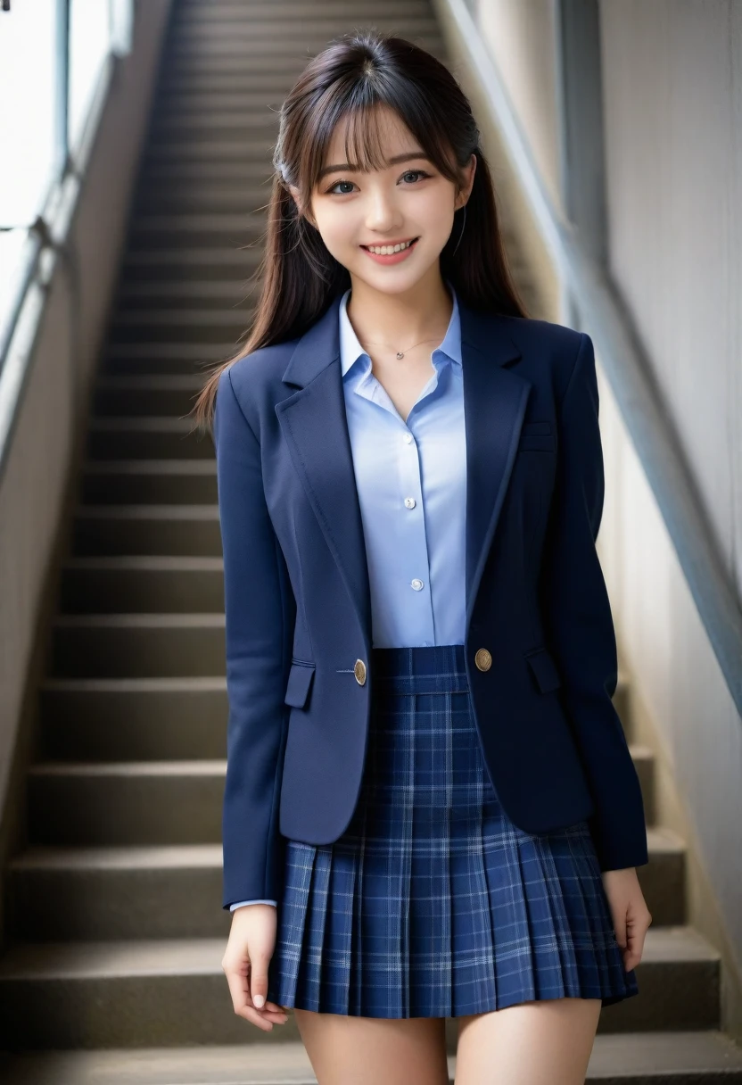 8K, Ultra-high resolution, Highest quality, masterpiece, 三分割法によるphotograph,Surreal, photograph, 1 Girl, (16 years old:1.3), pretty girl, Cute face, Beautiful eyes in every detail, 細かくdetailedに,masterpiece,, One Girl:1.2, Japan Female Announcer、Cowboy Shot,((very small head:1.3)),Center-parted bangs,amount,Black Hair,Long Hair,Iris,Gorgeous eyes,smile,((Toned body,Slender body,skinny)),(school uniform、Dark blue blazer jacket、Navy blue tie、Grey plaid pleated mini skirt),Glowing Skin,Shiny skin,Climbing the stairs,Fire escape in a building,Full of sex appeal,Sensual,屈託のないsmile,Heal the heart,Low - Angle、beauty,Long neck、Laugh a little、Please close your mouth and laugh、(((Ideal body type))),A cup small breasts :2,、Portraiture:2、Perfect Anatomy、鮮明なdetailed、detailed、Surreal、Light and shadow,Strong light
