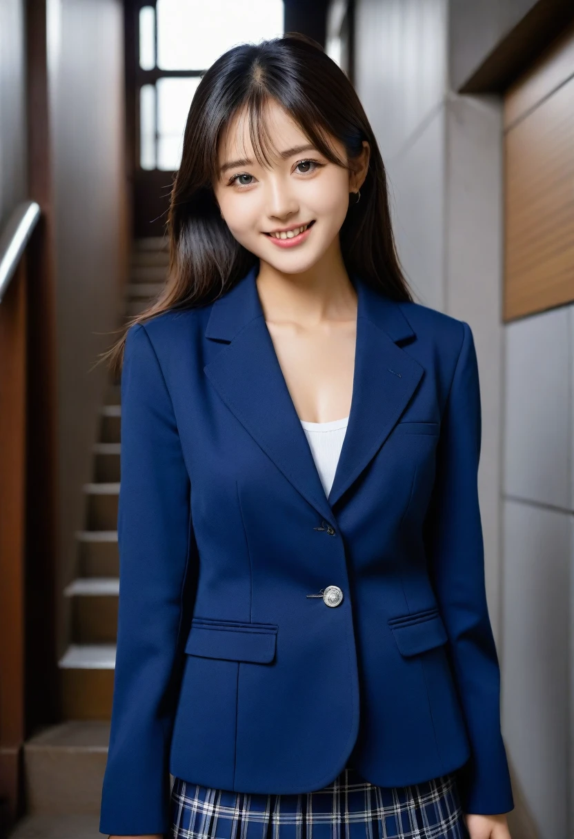 8K, Ultra-high resolution, Highest quality, masterpiece, 三分割法によるphotograph,Surreal, photograph, 1 Girl, (16 years old:1.3), pretty girl, Cute face, Beautiful eyes in every detail, 細かくdetailedに,masterpiece,, One Girl:1.2, Japan Female Announcer、Cowboy Shot,((very small head:1.3)),Center-parted bangs,amount,Black Hair,Long Hair,Iris,Gorgeous eyes,smile,((Toned body,Slender body,skinny)),(school uniform、Dark blue blazer jacket、Navy blue tie、Grey plaid pleated mini skirt),Glowing Skin,Shiny skin,Climbing the stairs,Fire escape in a building,Full of sex appeal,Sensual,屈託のないsmile,Heal the heart,Low - Angle、beauty,Long neck、Laugh a little、Please close your mouth and laugh、(((Ideal body type))),A cup small breasts :2,、Portraiture:2、Perfect Anatomy、鮮明なdetailed、detailed、Surreal、Light and shadow,Strong light