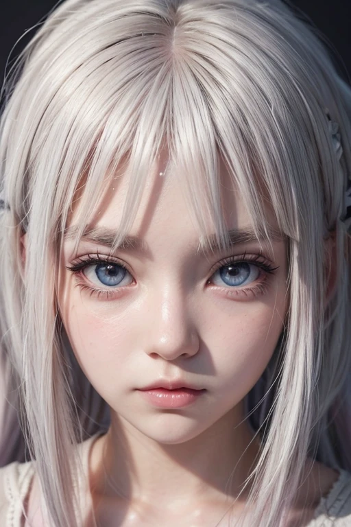 anime girl with white hair and eyelashes big beautiful pastel pink eyes