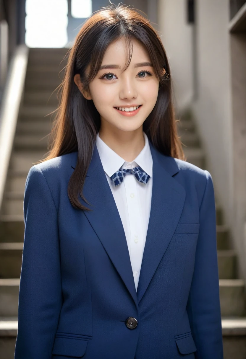 8K, Ultra-high resolution, Highest quality, masterpiece, 三分割法によるphotograph,Surreal, photograph, 1 Girl, (16 years old:1.3), pretty girl, Cute face, Beautiful eyes in every detail, 細かくdetailedに,masterpiece,, One Girl:1.2, Japan Female Announcer、Cowboy Shot,((very small head:1.3)),Center-parted bangs,amount,Black Hair,Long Hair,Iris,Gorgeous eyes,smile,((Toned body,Slender body,skinny)),(school uniform、Dark blue blazer jacket、Navy blue tie、Grey plaid pleated mini skirt),Glowing Skin,Shiny skin,Climbing the stairs,Fire escape in a building,Full of sex appeal,Sensual,屈託のないsmile,Heal the heart,Low - Angle、beauty,Long neck、Laugh a little、Please close your mouth and laugh、(((Ideal body type))),A cup small breasts :2,、Portraiture:2、Perfect Anatomy、鮮明なdetailed、detailed、Surreal、Light and shadow,Strong light
