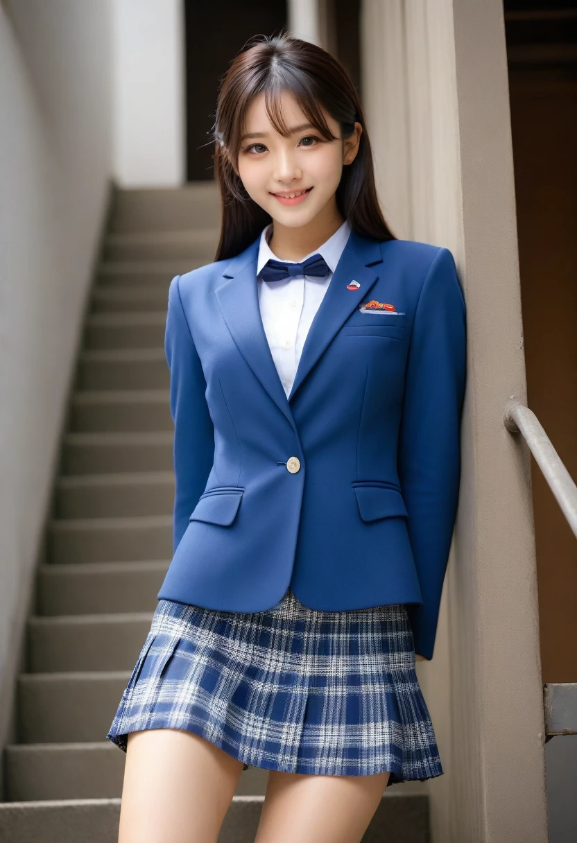 8K, Ultra-high resolution, Highest quality, masterpiece, 三分割法によるphotograph,Surreal, photograph, 1 Girl, (:1.3), pretty girl, Cute face, Beautiful eyes in every detail, 細かくdetailedに,masterpiece,, One Girl:1.2, Japan Female Announcer、Cowboy Shot,((very small head:1.3)),Center-parted bangs,amount,Black Hair,Long Hair,Iris,Gorgeous eyes,smile,((Toned body,Slender body,skinny)),(school uniform、Dark blue blazer jacket、Navy blue tie、Grey plaid pleated mini skirt),Glowing Skin,Shiny skin,Climbing the stairs,Fire escape in a building,Full of sex appeal,Sensual,屈託のないsmile,Heal the heart,Low - Angle、beauty,Long neck、Laugh a little、Please close your mouth and laugh、(((Ideal body type))),A cup small breasts :2,、Portraiture:2、Perfect Anatomy、鮮明なdetailed、detailed、Surreal、Light and shadow,Strong light