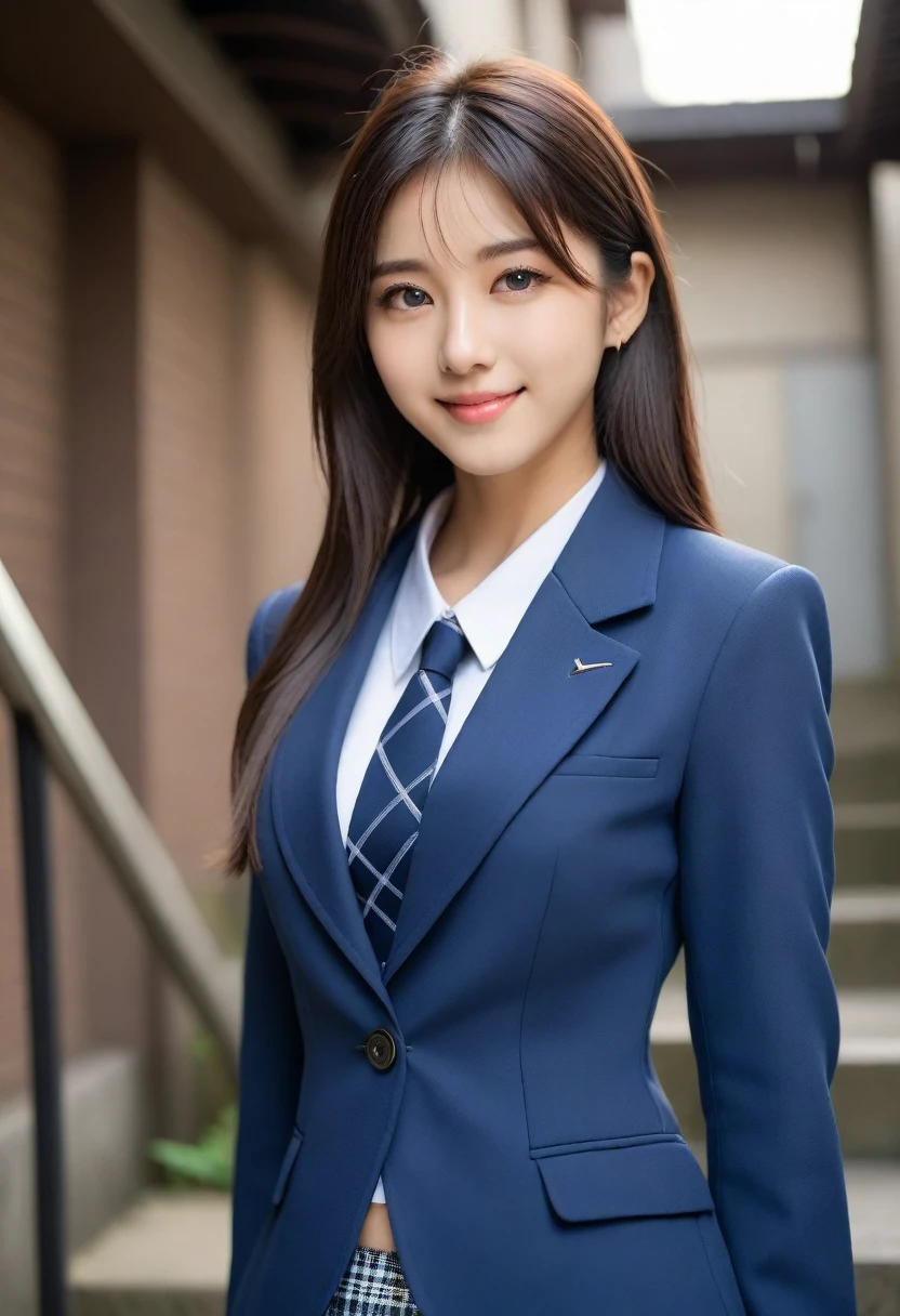 8K, Ultra-high resolution, Highest quality, masterpiece, 三分割法によるphotograph,Surreal, photograph, 1 Girl, (:1.3), pretty girl, Cute face, Beautiful eyes in every detail, 細かくdetailedに,masterpiece,, One Girl:1.2, Japan Female Announcer、Cowboy Shot,((very small head:1.3)),Center-parted bangs,amount,Black Hair,Long Hair,Iris,Gorgeous eyes,smile,((Toned body,Slender body,skinny)),(school uniform、Dark blue blazer jacket、Navy blue tie、Grey plaid pleated mini skirt),Glowing Skin,Shiny skin,Climbing the stairs,Fire escape in a building,Full of sex appeal,Sensual,屈託のないsmile,Heal the heart,Low - Angle、beauty,Long neck、Laugh a little、Please close your mouth and laugh、(((Ideal body type))),A cup small breasts :2,、Portraiture:2、Perfect Anatomy、鮮明なdetailed、detailed、Surreal、Light and shadow,Strong light
