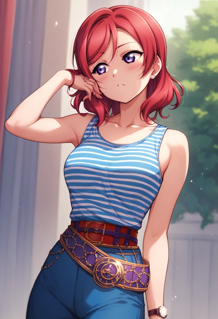Maki nishikino,love live,highres,red hair ,dolo, purple eyes,blush ,collarbone , blue striped shirt, sleeveless,high waist trousers,thin belt,hand watch, fashion , looking away ,finger on hair